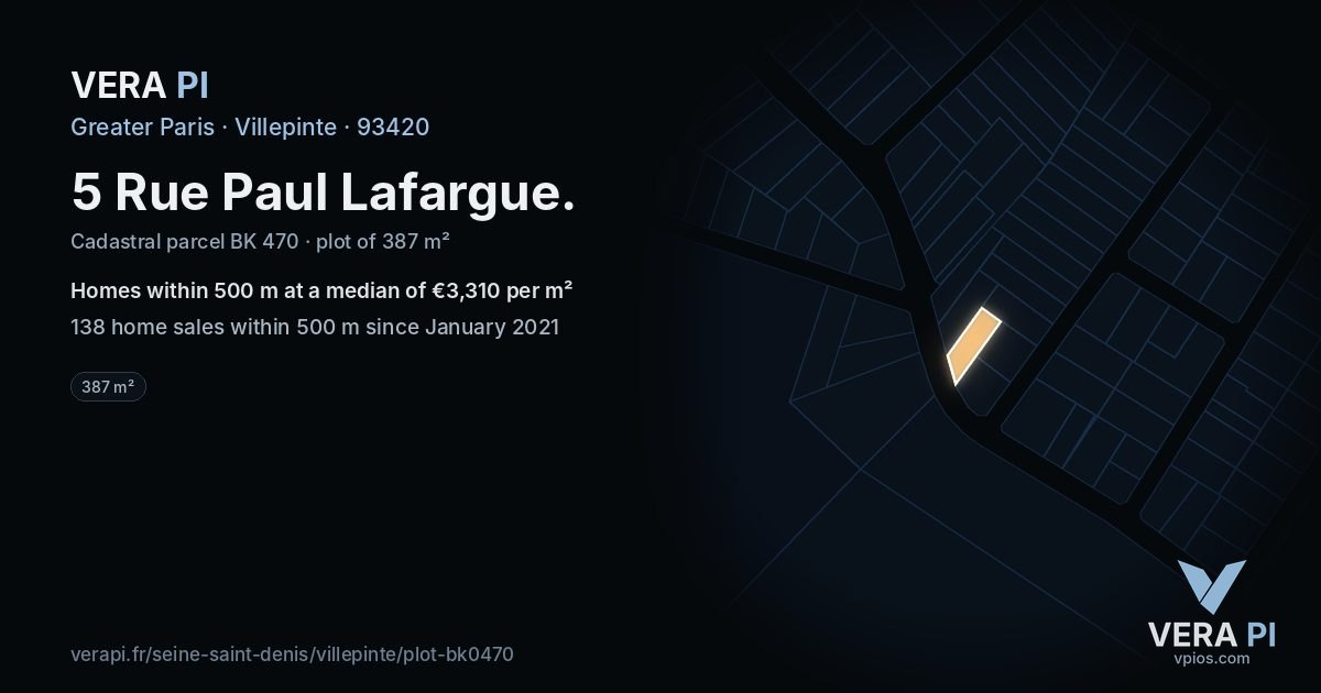 5 Rue Paul Lafargue, Villepinte at night – the plot lit, the parcels around coloured by the prices near them