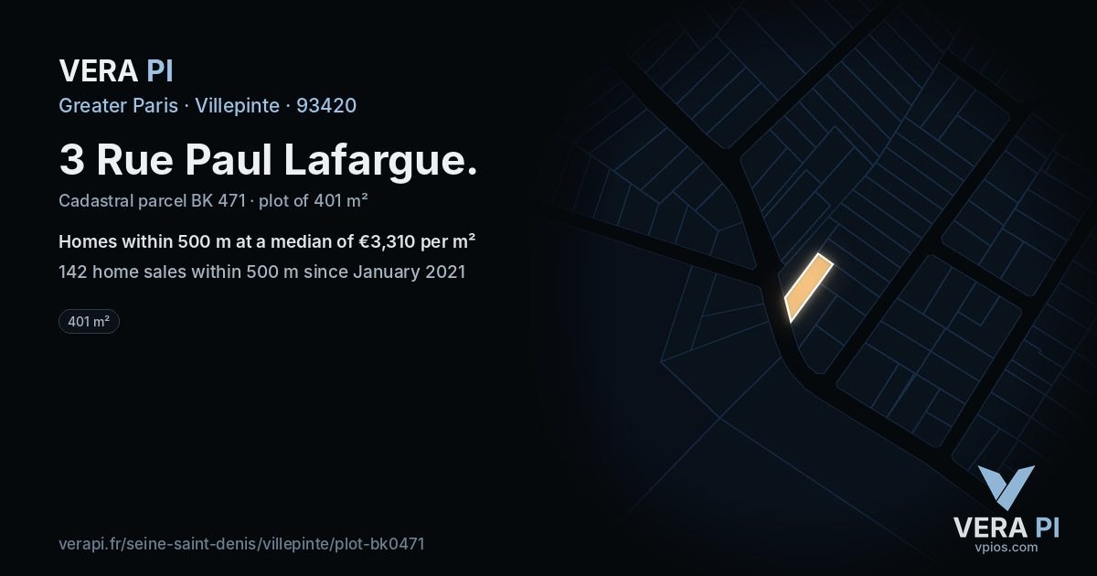 3 Rue Paul Lafargue, Villepinte at night – the plot lit, the parcels around coloured by the prices near them