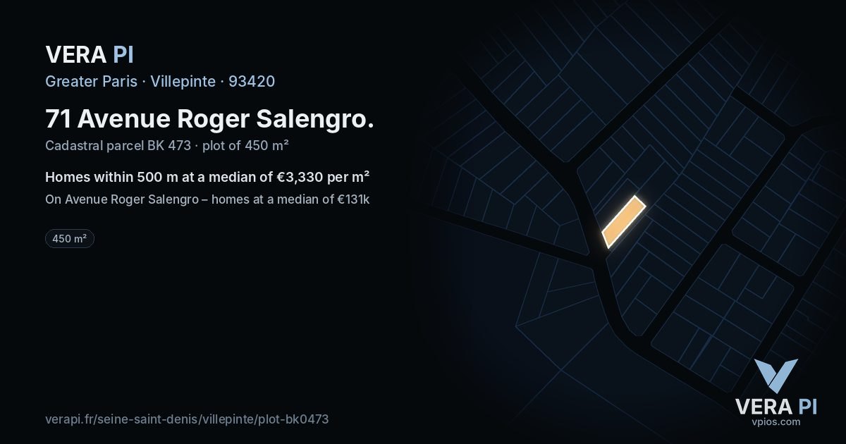 71 Avenue Roger Salengro, Villepinte at night – the plot lit, the parcels around coloured by the prices near them