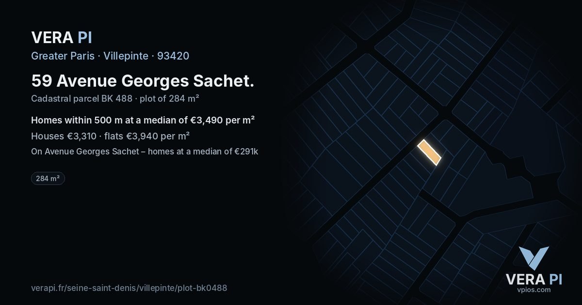 59 Avenue Georges Sachet, Villepinte at night – the plot lit, the parcels around coloured by the prices near them