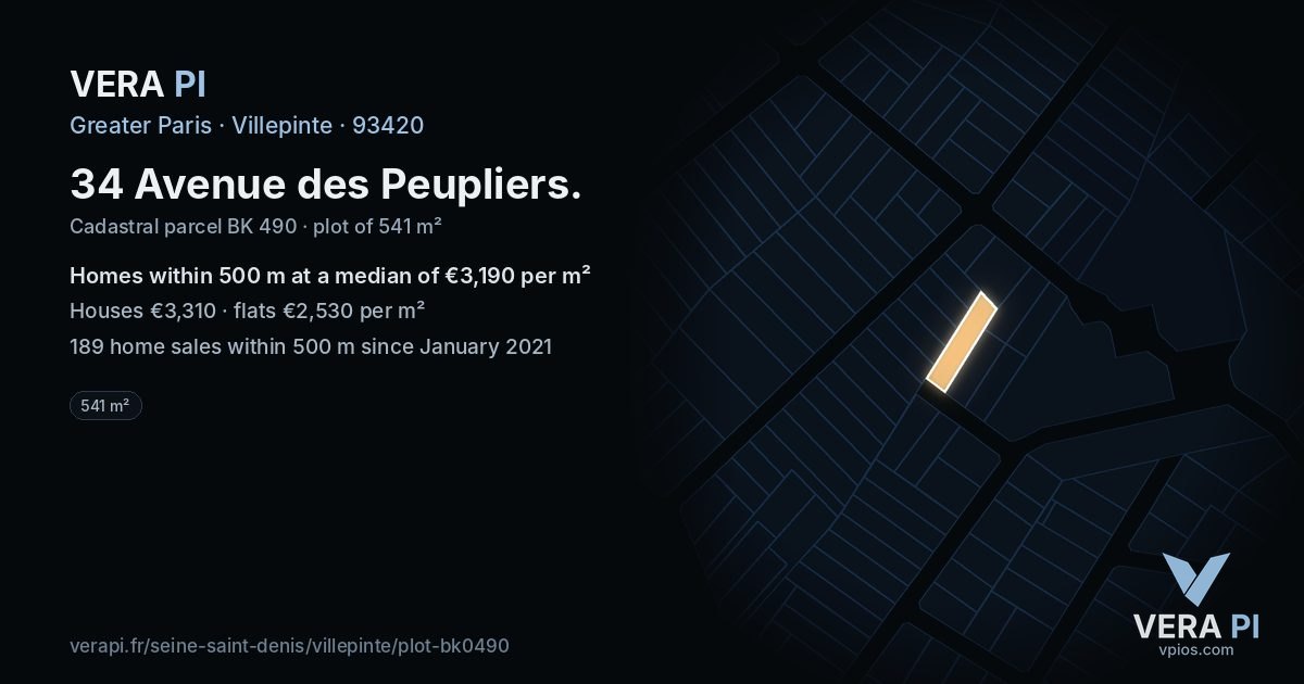34 Avenue des Peupliers, Villepinte at night – the plot lit, the parcels around coloured by the prices near them