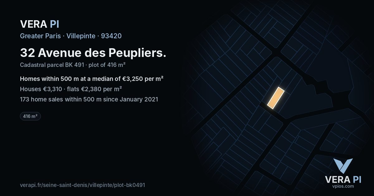 32 Avenue des Peupliers, Villepinte at night – the plot lit, the parcels around coloured by the prices near them