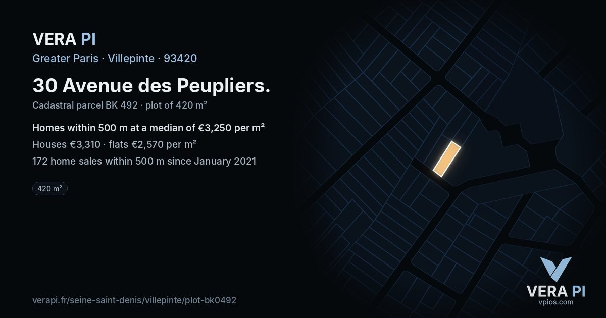 30 Avenue des Peupliers, Villepinte at night – the plot lit, the parcels around coloured by the prices near them