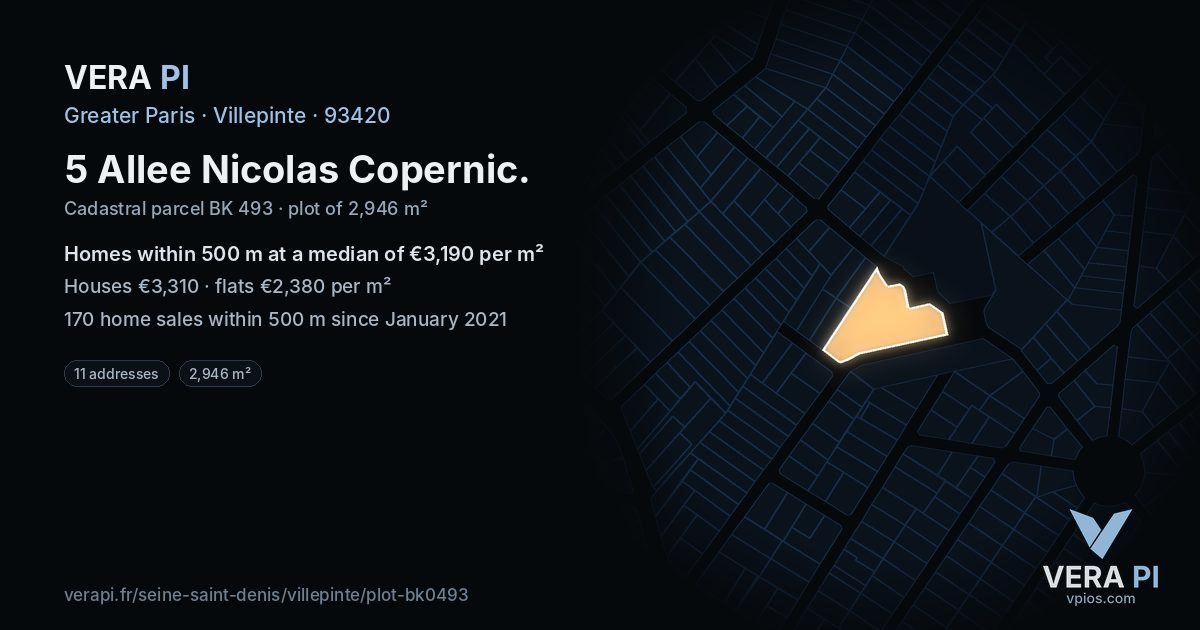 5 Allee Nicolas Copernic, Villepinte at night – the plot lit, the parcels around coloured by the prices near them