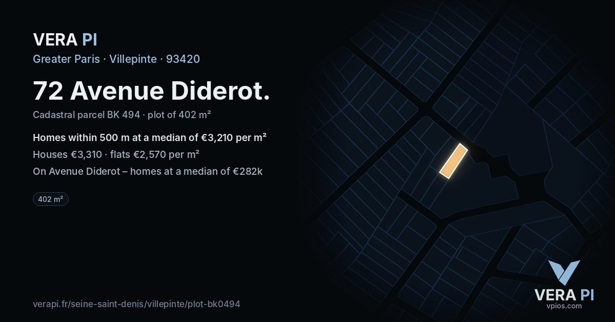 72 Avenue Diderot, Villepinte at night – the plot lit, the parcels around coloured by the prices near them