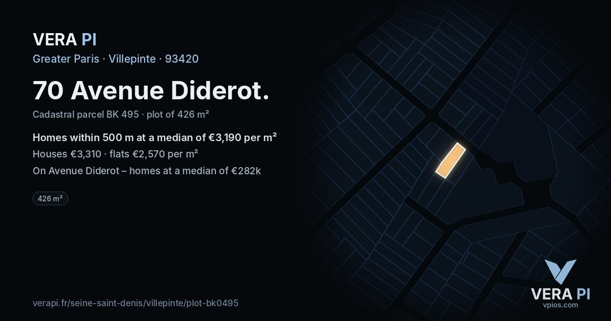 70 Avenue Diderot, Villepinte at night – the plot lit, the parcels around coloured by the prices near them