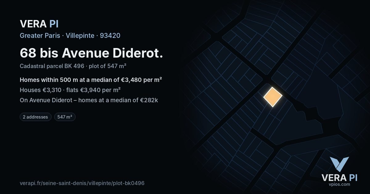 68 bis Avenue Diderot, Villepinte at night – the plot lit, the parcels around coloured by the prices near them