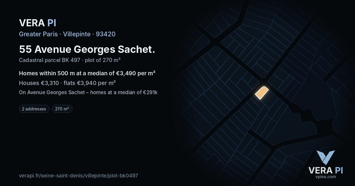 55 Avenue Georges Sachet, Villepinte at night – the plot lit, the parcels around coloured by the prices near them