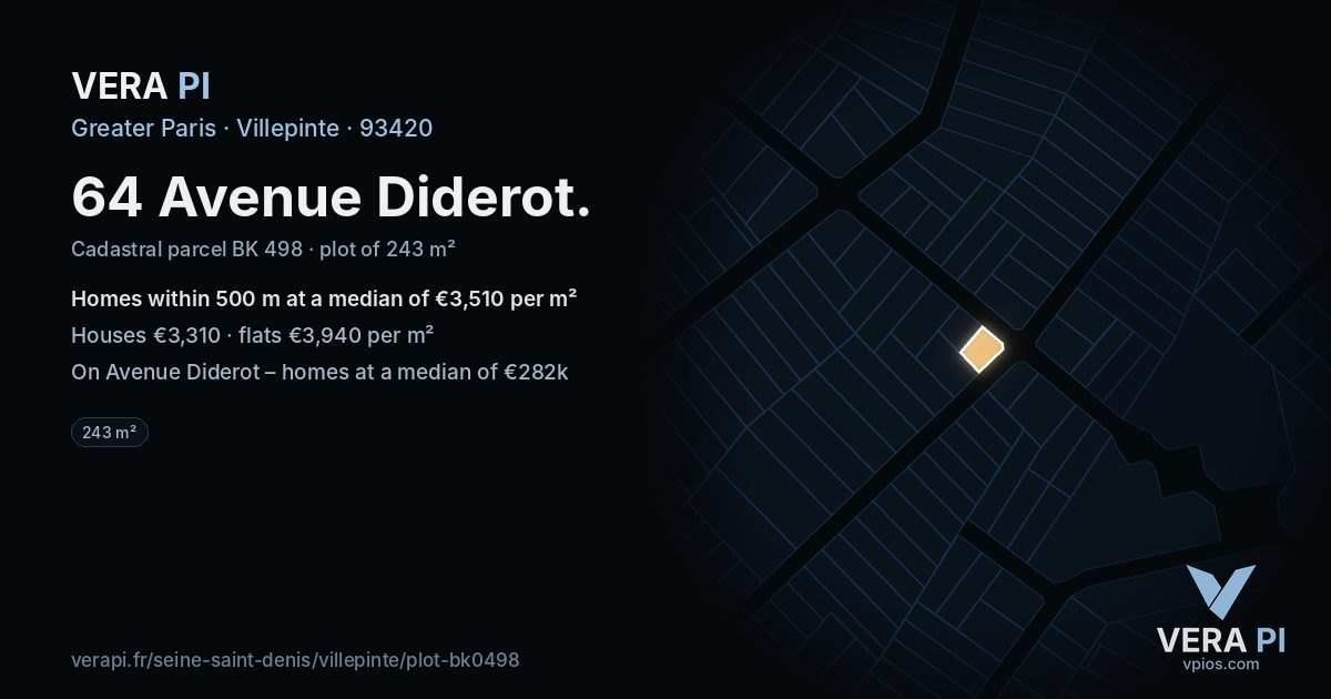 64 Avenue Diderot, Villepinte at night – the plot lit, the parcels around coloured by the prices near them