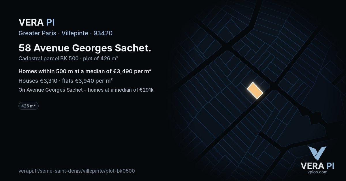 58 Avenue Georges Sachet, Villepinte at night – the plot lit, the parcels around coloured by the prices near them
