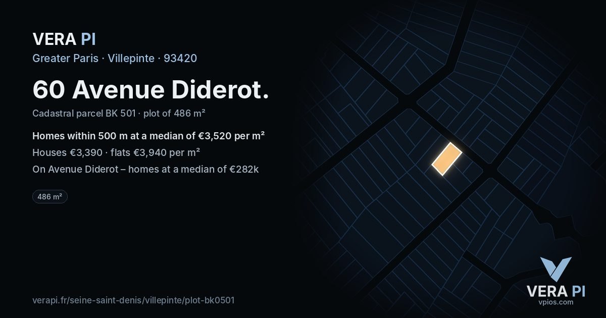 60 Avenue Diderot, Villepinte at night – the plot lit, the parcels around coloured by the prices near them