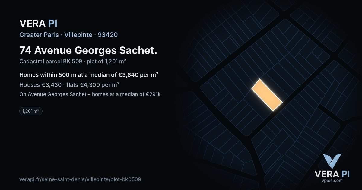 74 Avenue Georges Sachet, Villepinte at night – the plot lit, the parcels around coloured by the prices near them