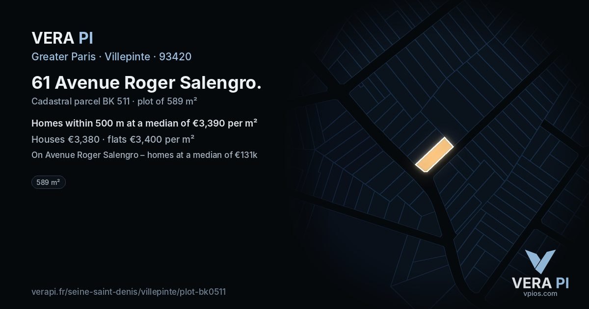 61 Avenue Roger Salengro, Villepinte at night – the plot lit, the parcels around coloured by the prices near them