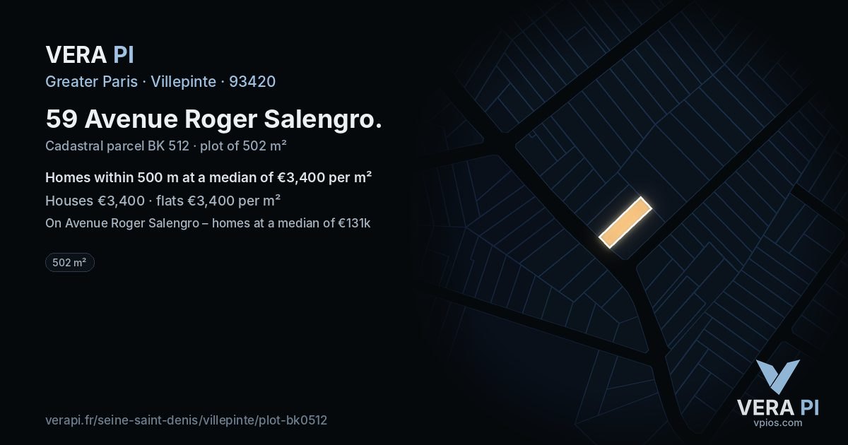 59 Avenue Roger Salengro, Villepinte at night – the plot lit, the parcels around coloured by the prices near them