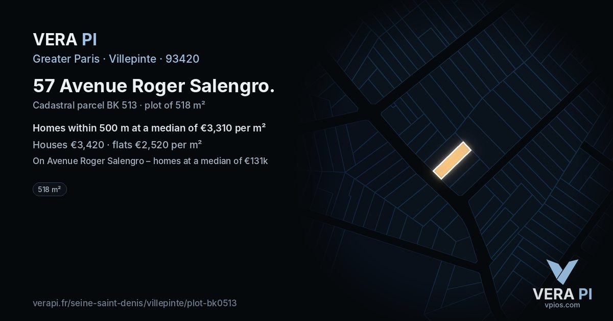57 Avenue Roger Salengro, Villepinte at night – the plot lit, the parcels around coloured by the prices near them