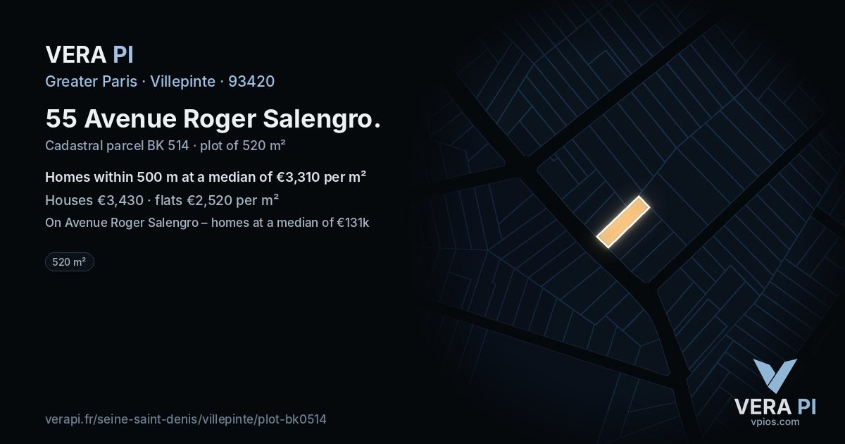 55 Avenue Roger Salengro, Villepinte at night – the plot lit, the parcels around coloured by the prices near them