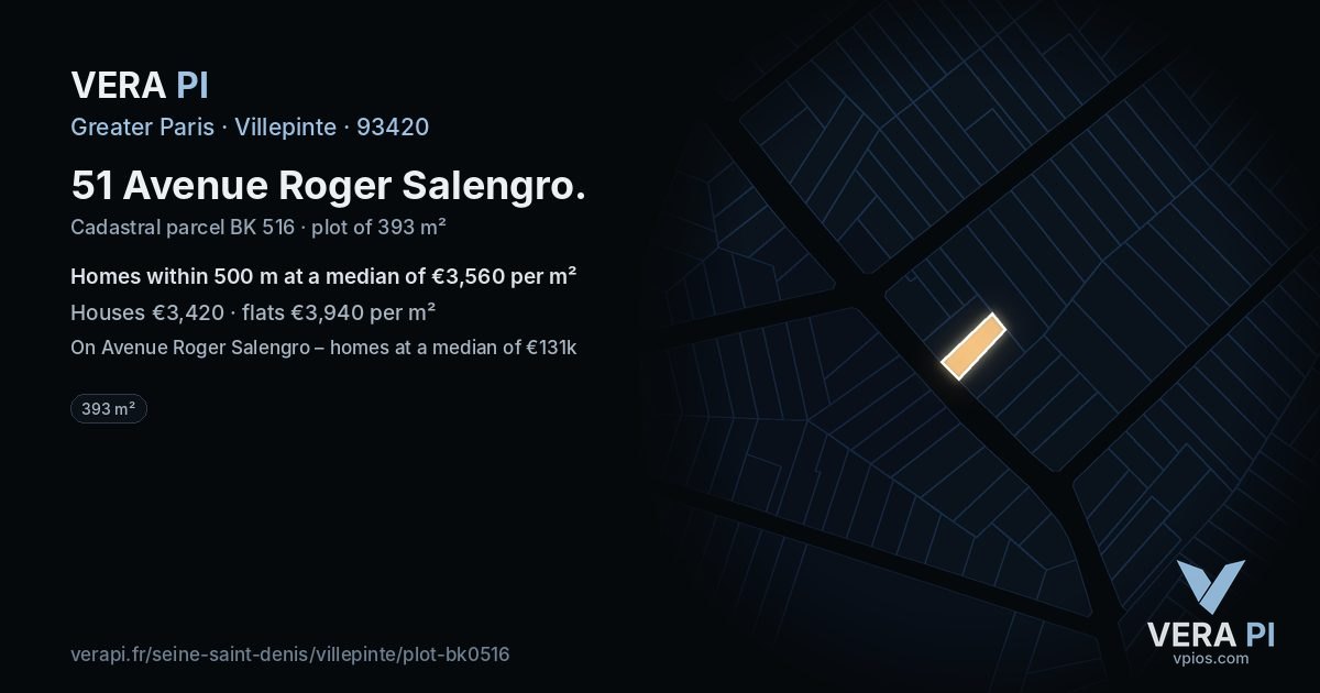 51 Avenue Roger Salengro, Villepinte at night – the plot lit, the parcels around coloured by the prices near them