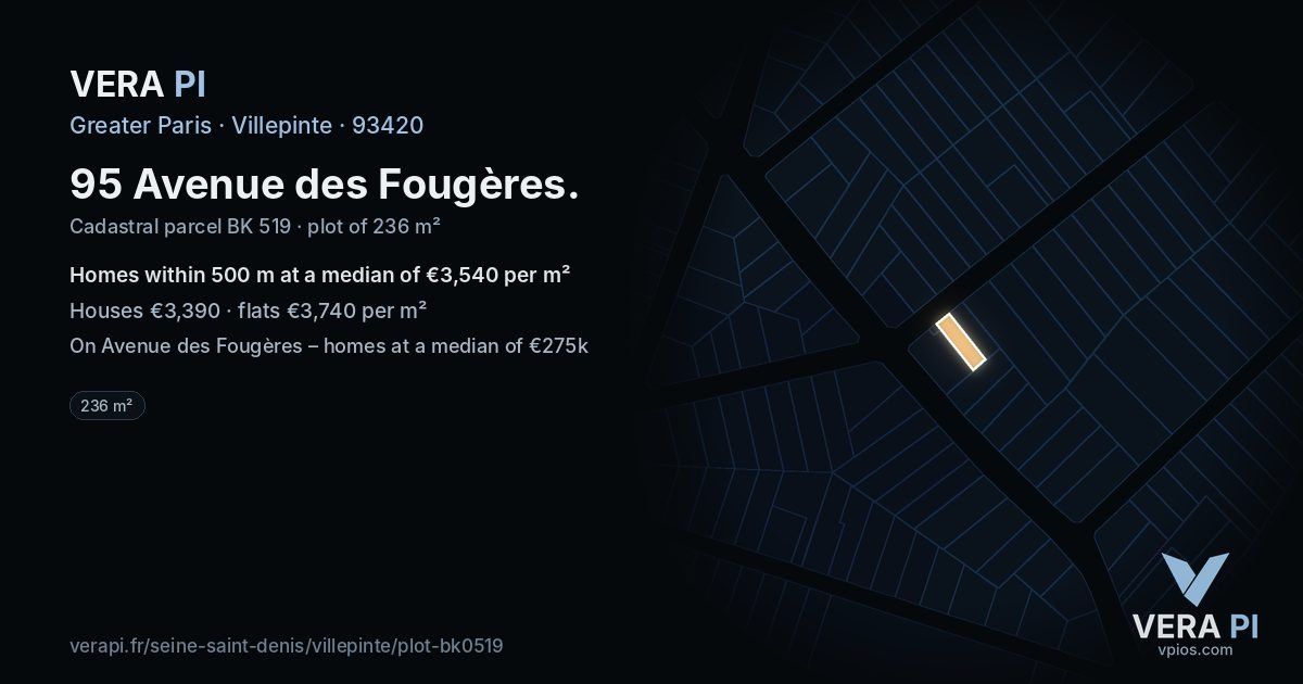 95 Avenue des Fougères, Villepinte at night – the plot lit, the parcels around coloured by the prices near them