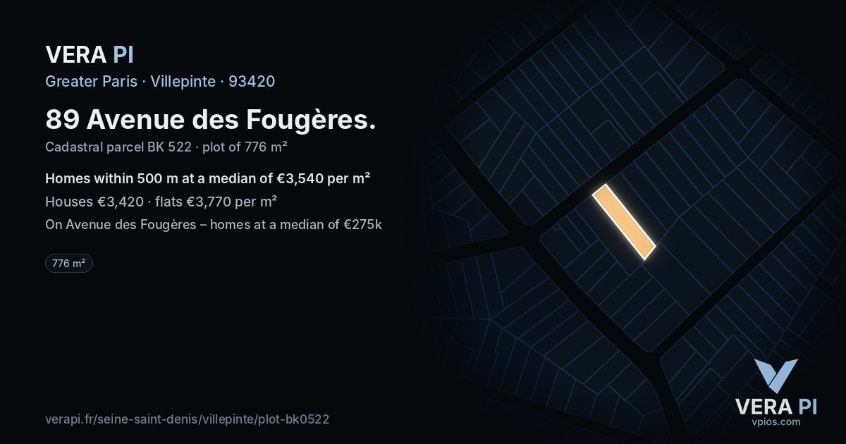 89 Avenue des Fougères, Villepinte at night – the plot lit, the parcels around coloured by the prices near them