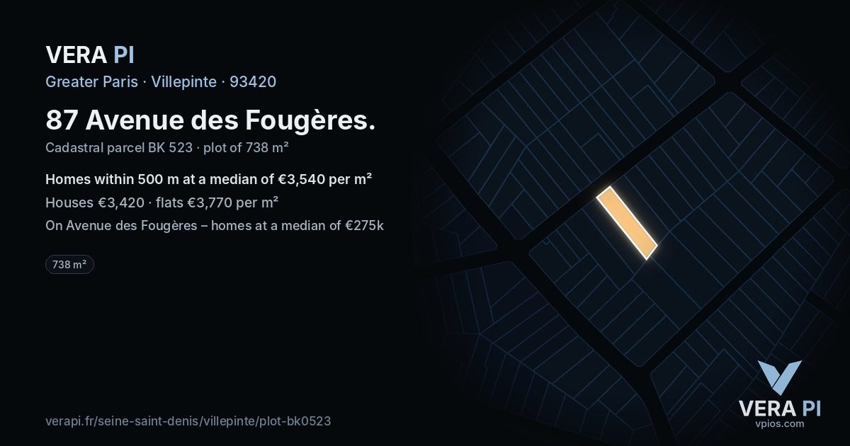 87 Avenue des Fougères, Villepinte at night – the plot lit, the parcels around coloured by the prices near them