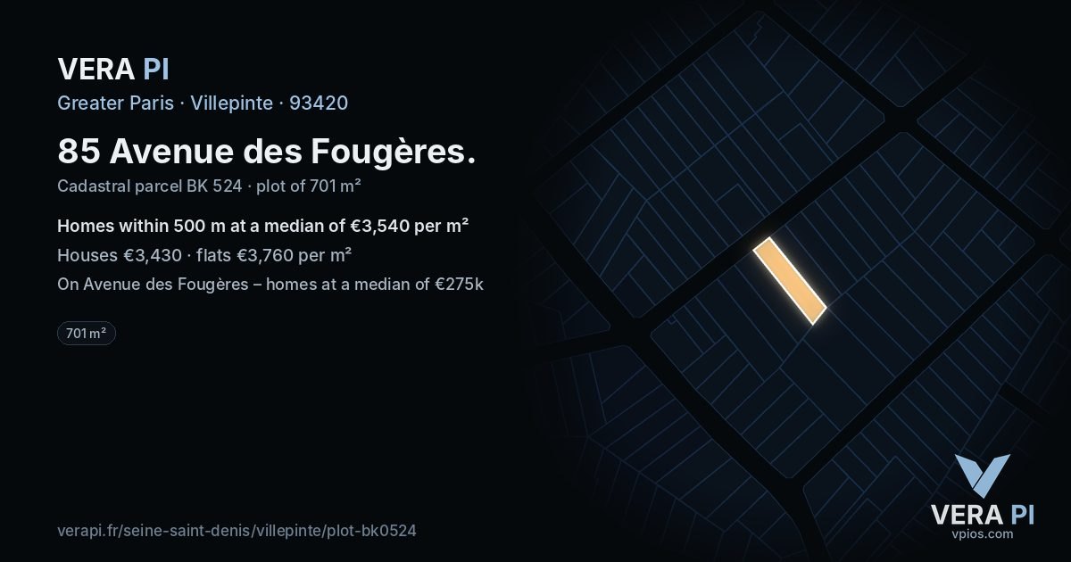 85 Avenue des Fougères, Villepinte at night – the plot lit, the parcels around coloured by the prices near them