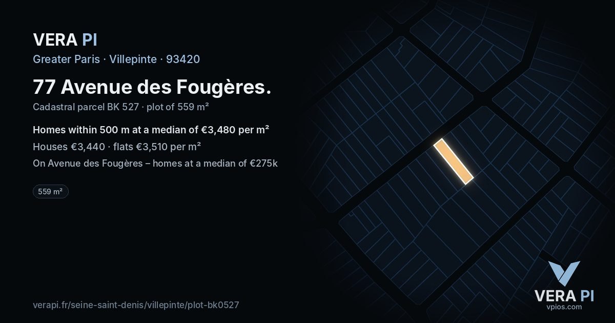 77 Avenue des Fougères, Villepinte at night – the plot lit, the parcels around coloured by the prices near them
