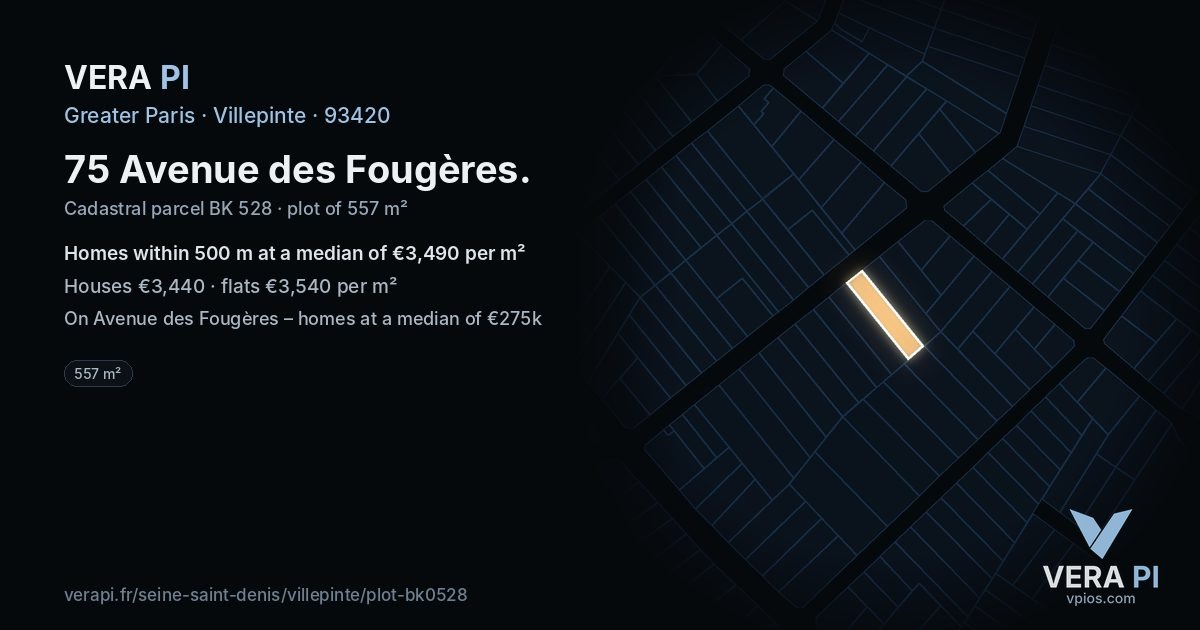 75 Avenue des Fougères, Villepinte at night – the plot lit, the parcels around coloured by the prices near them