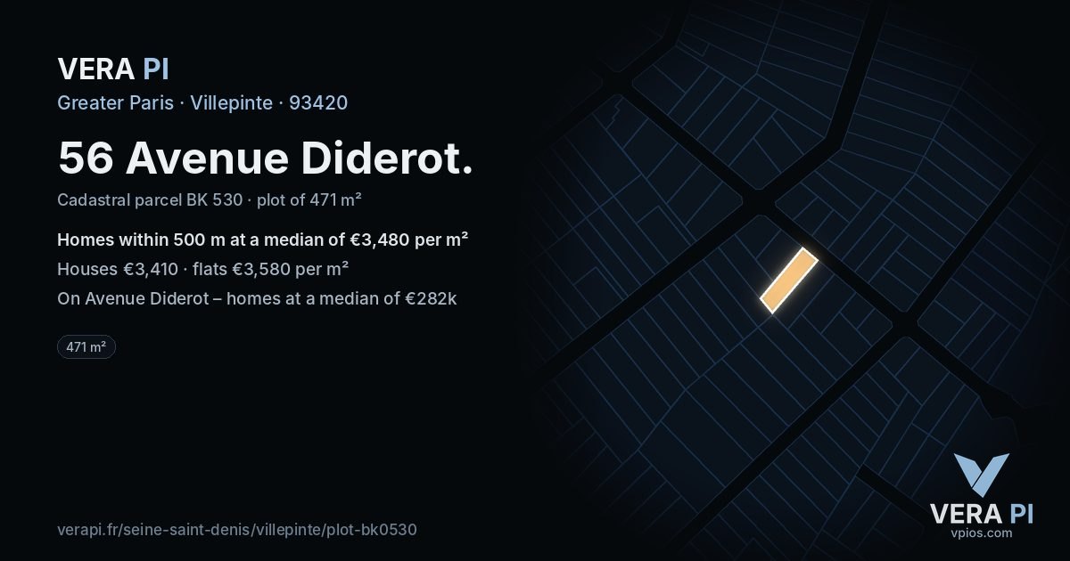 56 Avenue Diderot, Villepinte at night – the plot lit, the parcels around coloured by the prices near them