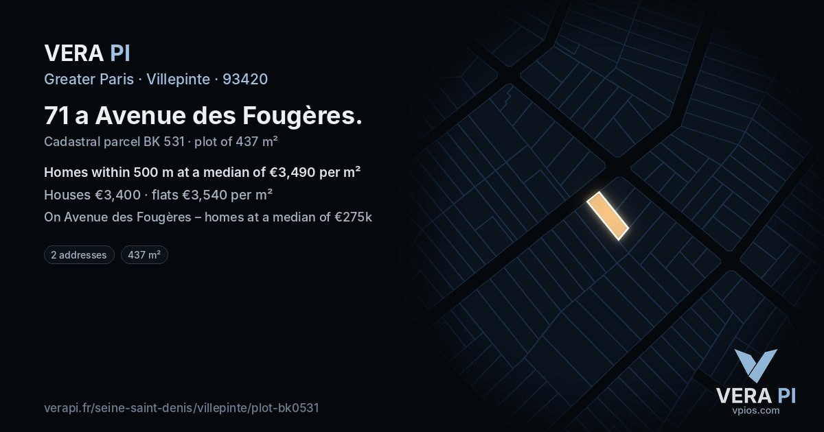 71 a Avenue des Fougères, Villepinte at night – the plot lit, the parcels around coloured by the prices near them