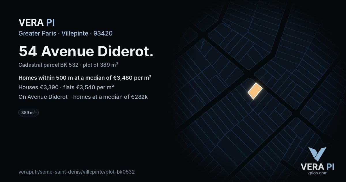 54 Avenue Diderot, Villepinte at night – the plot lit, the parcels around coloured by the prices near them
