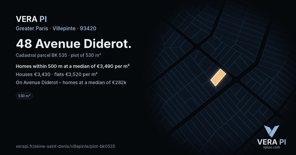 48 Avenue Diderot, Villepinte at night – the plot lit, the parcels around coloured by the prices near them