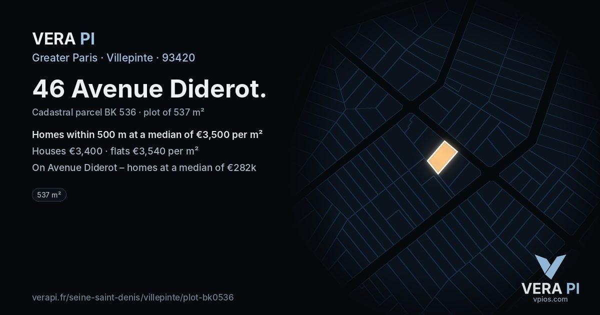 46 Avenue Diderot, Villepinte at night – the plot lit, the parcels around coloured by the prices near them