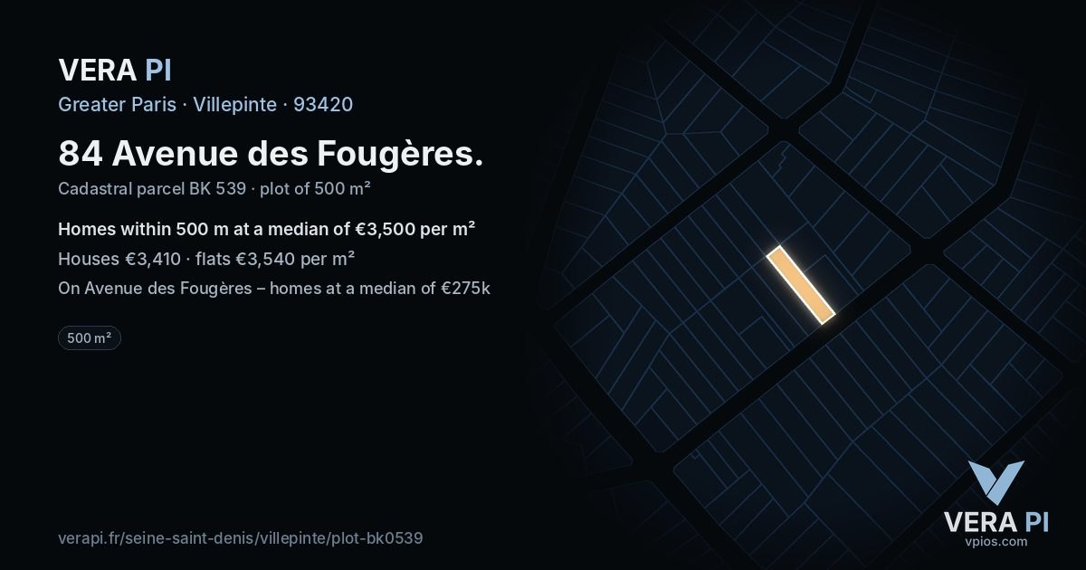 84 Avenue des Fougères, Villepinte at night – the plot lit, the parcels around coloured by the prices near them