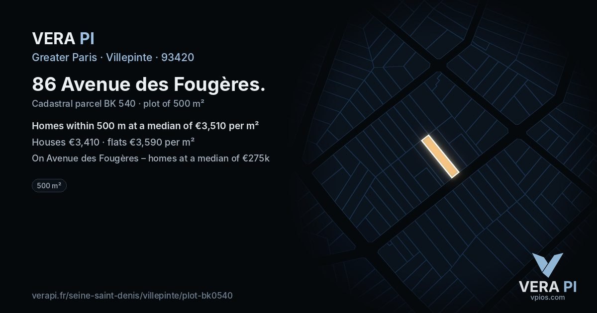 86 Avenue des Fougères, Villepinte at night – the plot lit, the parcels around coloured by the prices near them