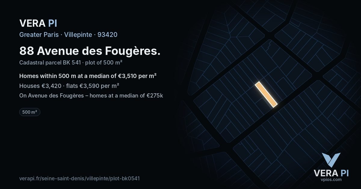 88 Avenue des Fougères, Villepinte at night – the plot lit, the parcels around coloured by the prices near them