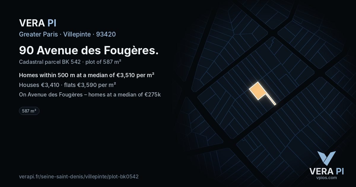 90 Avenue des Fougères, Villepinte at night – the plot lit, the parcels around coloured by the prices near them