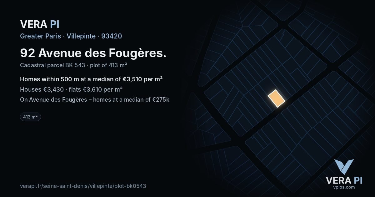 92 Avenue des Fougères, Villepinte at night – the plot lit, the parcels around coloured by the prices near them