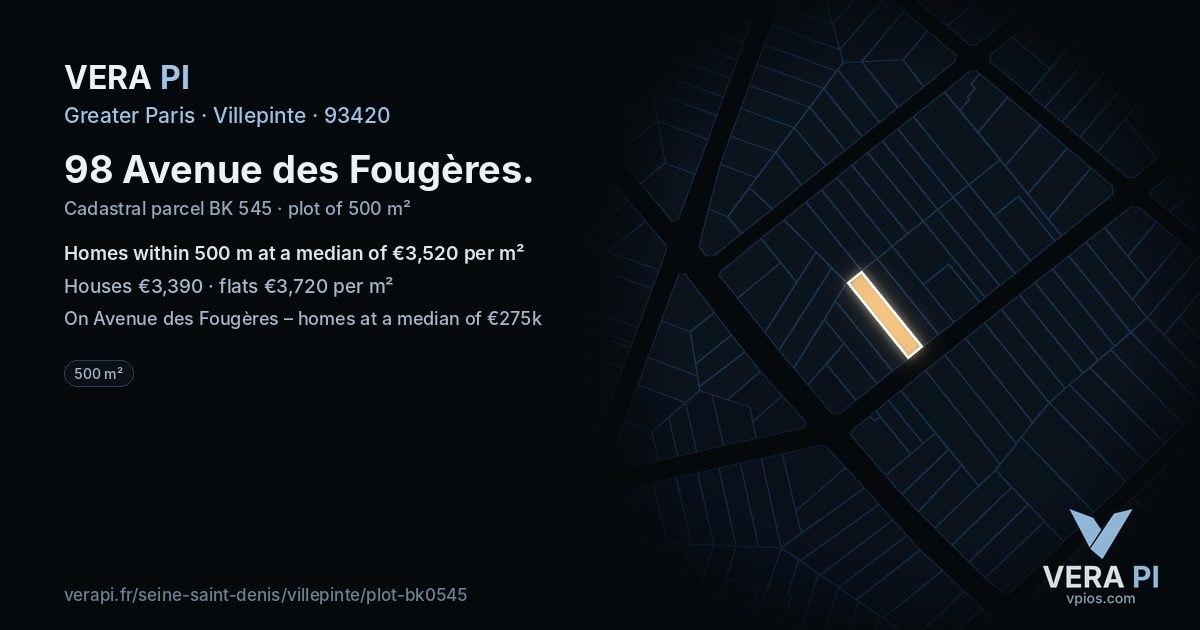 98 Avenue des Fougères, Villepinte at night – the plot lit, the parcels around coloured by the prices near them