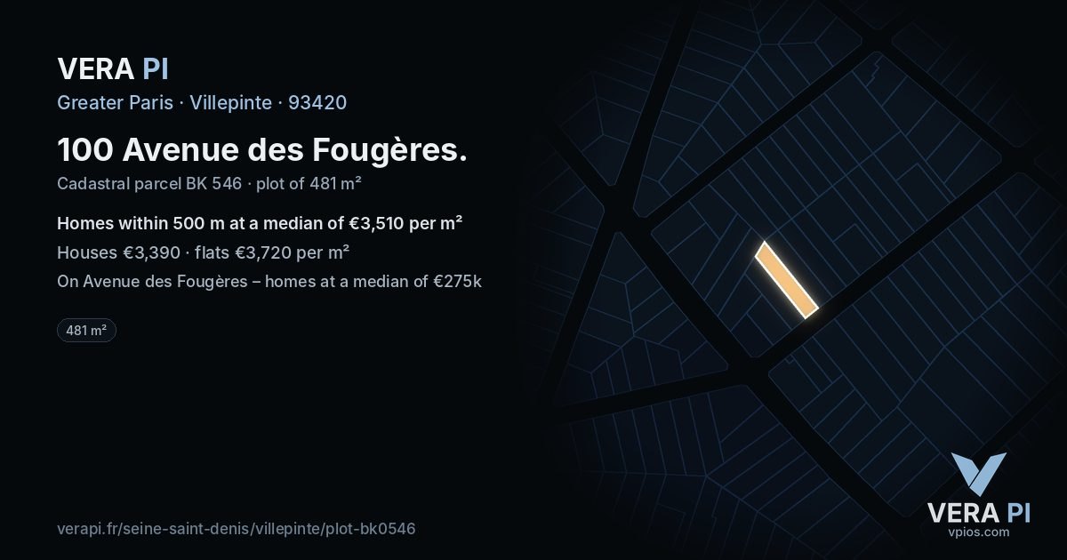 100 Avenue des Fougères, Villepinte at night – the plot lit, the parcels around coloured by the prices near them