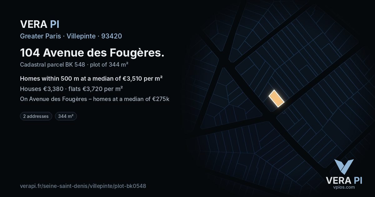 104 Avenue des Fougères, Villepinte at night – the plot lit, the parcels around coloured by the prices near them