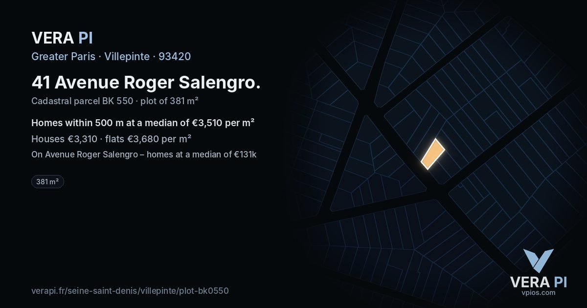 41 Avenue Roger Salengro, Villepinte at night – the plot lit, the parcels around coloured by the prices near them