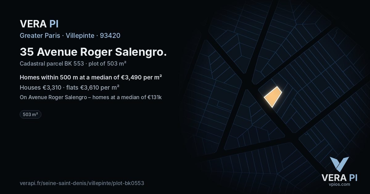 35 Avenue Roger Salengro, Villepinte at night – the plot lit, the parcels around coloured by the prices near them