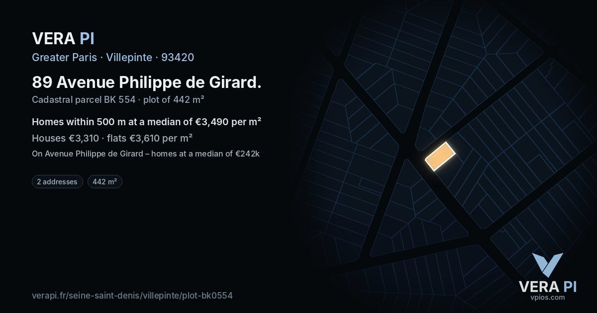 89 Avenue Philippe de Girard, Villepinte at night – the plot lit, the parcels around coloured by the prices near them