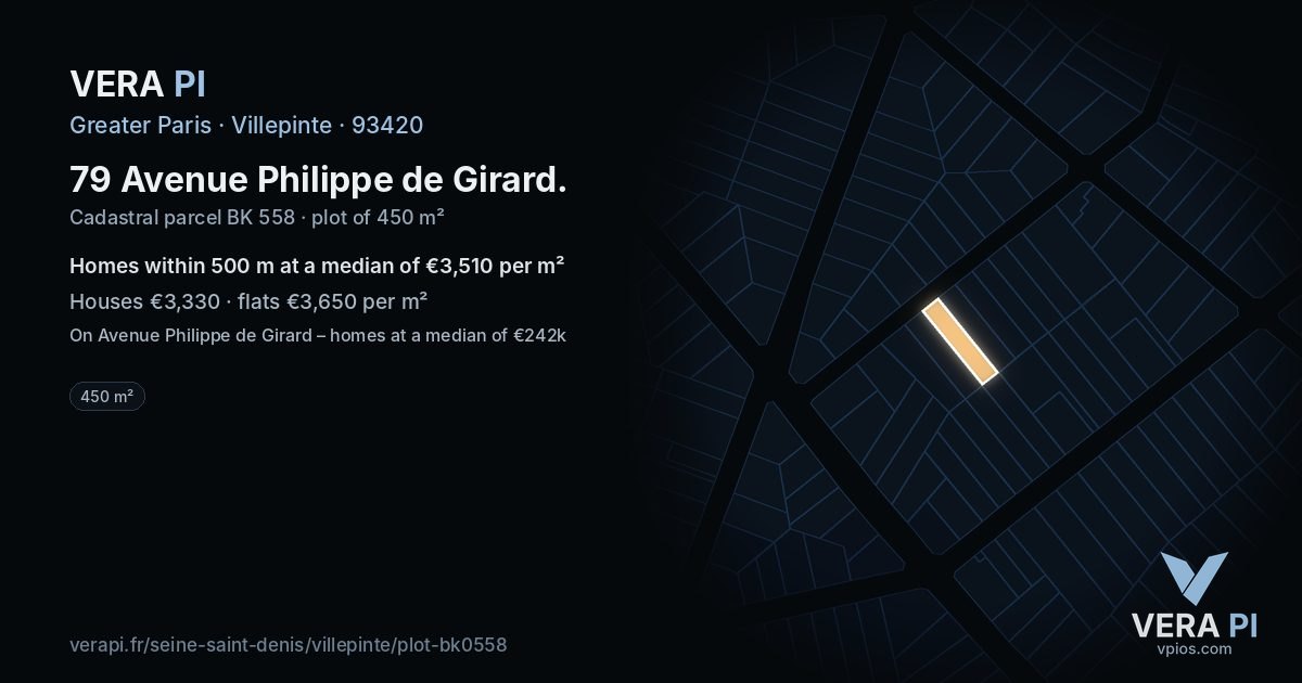 79 Avenue Philippe de Girard, Villepinte at night – the plot lit, the parcels around coloured by the prices near them
