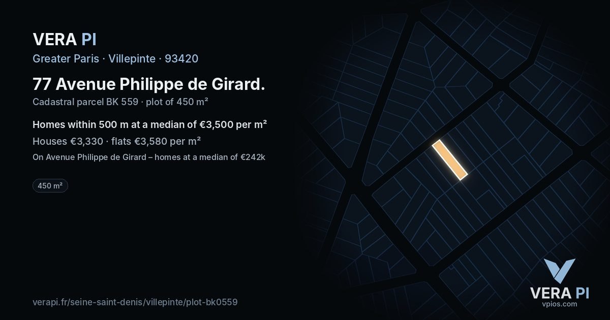 77 Avenue Philippe de Girard, Villepinte at night – the plot lit, the parcels around coloured by the prices near them