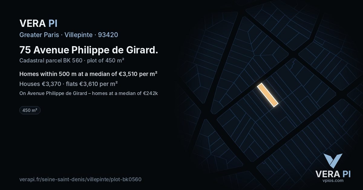 75 Avenue Philippe de Girard, Villepinte at night – the plot lit, the parcels around coloured by the prices near them