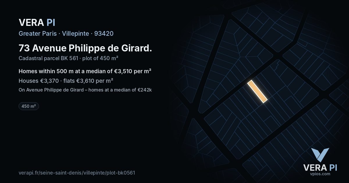 73 Avenue Philippe de Girard, Villepinte at night – the plot lit, the parcels around coloured by the prices near them