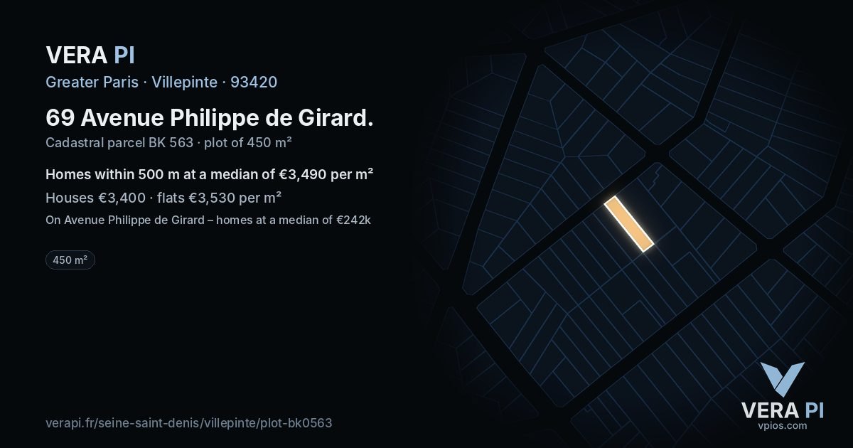 69 Avenue Philippe de Girard, Villepinte at night – the plot lit, the parcels around coloured by the prices near them
