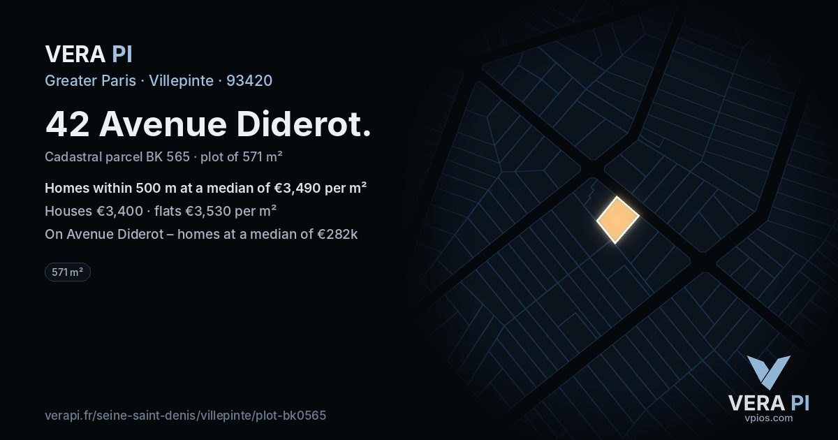42 Avenue Diderot, Villepinte at night – the plot lit, the parcels around coloured by the prices near them