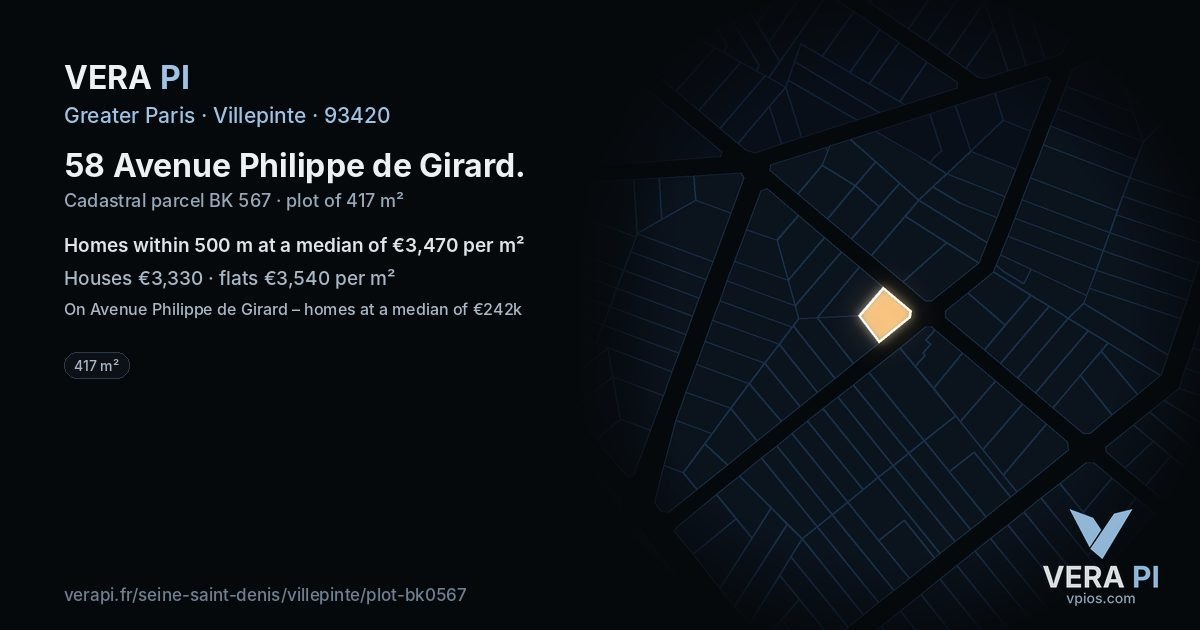58 Avenue Philippe de Girard, Villepinte at night – the plot lit, the parcels around coloured by the prices near them